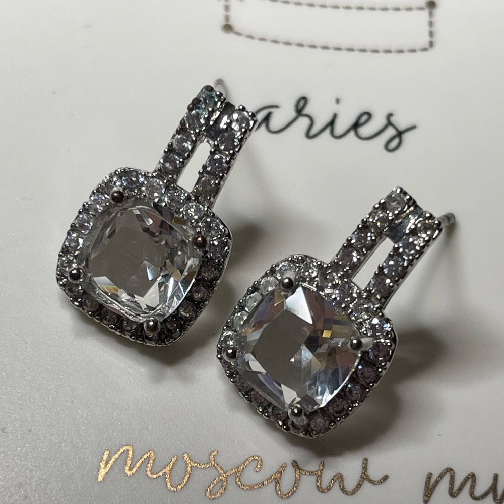 Wedding Earrings Cushion Cut Pave Halo Sterling Silver